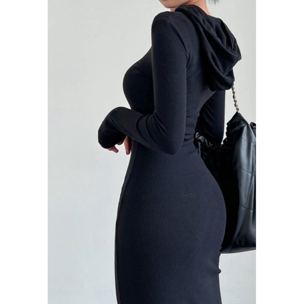 Commense NWT Women Black Drop Shoulder Drawstring Hooded Dress Loungewear Chic - Picture 4 of 12